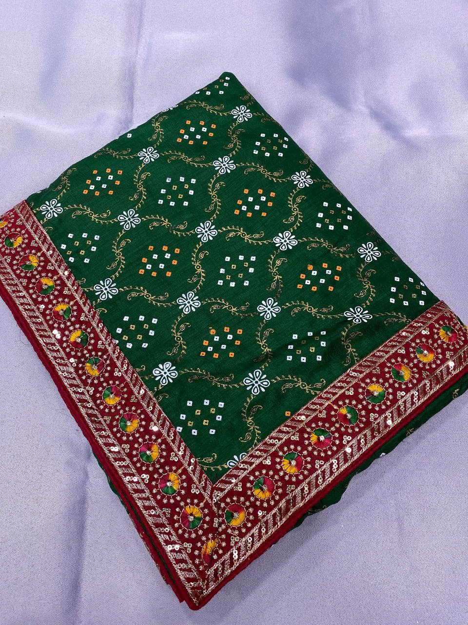 Pretty Designer Green Bandhani Vichitra Silk Saree Collection.