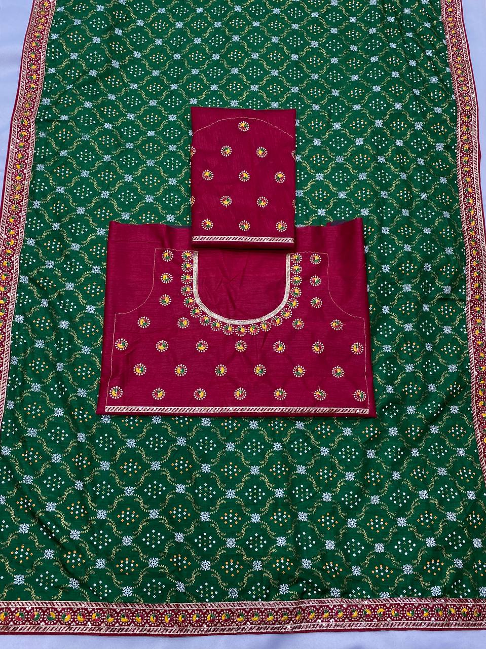 Pretty Designer Green Bandhani Vichitra Silk Saree Collection.