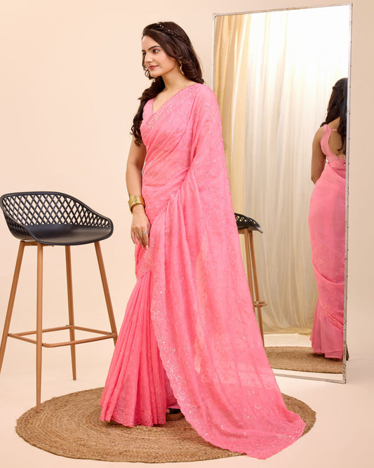 Beautiful Premium Soft Organza Silk With Sequences Embroidery Work Saree.