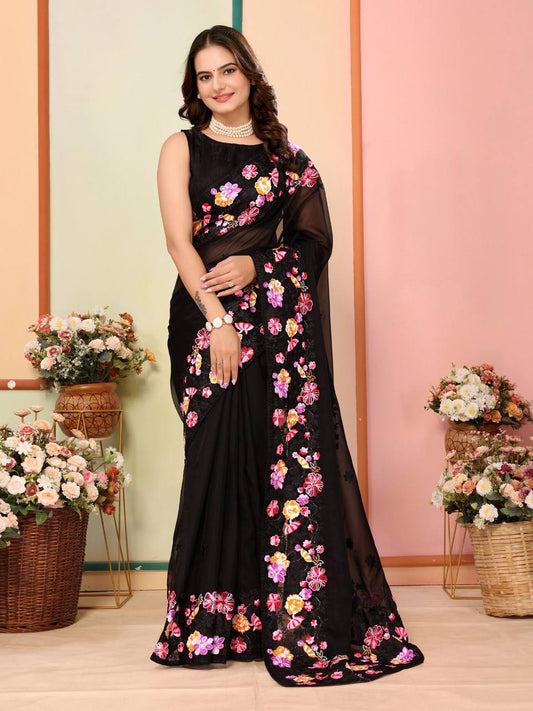 Party Wear Look Black Color Organza Silk Saree Collection.