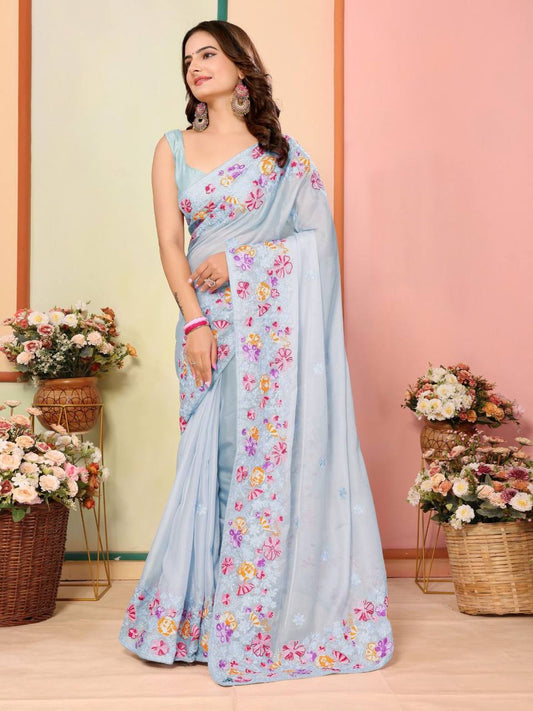 Organza Silk Embroidery Work Beautiful Saree Collection.