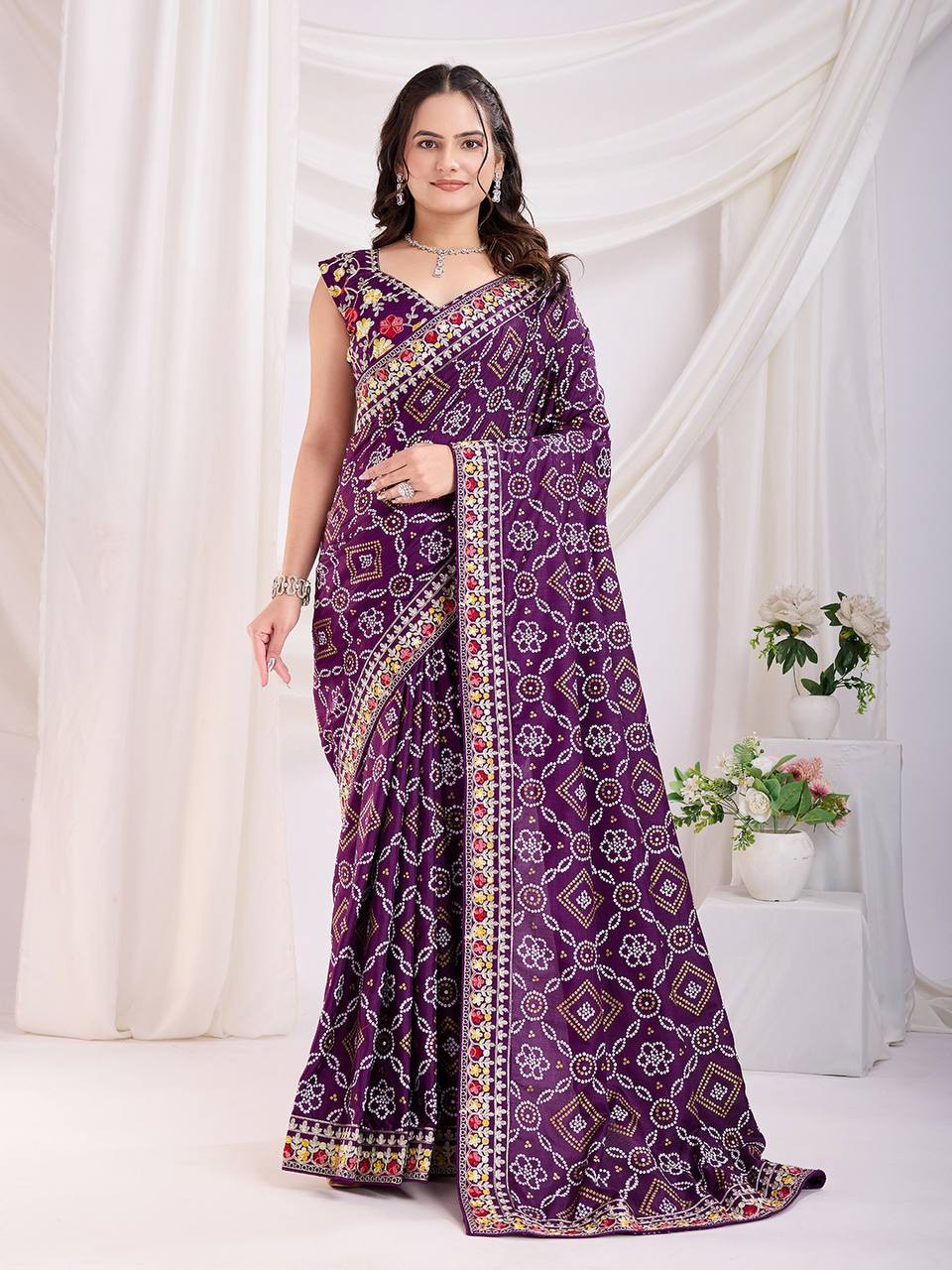 Purple Bandhni Vichitra Silk Saree Collection.