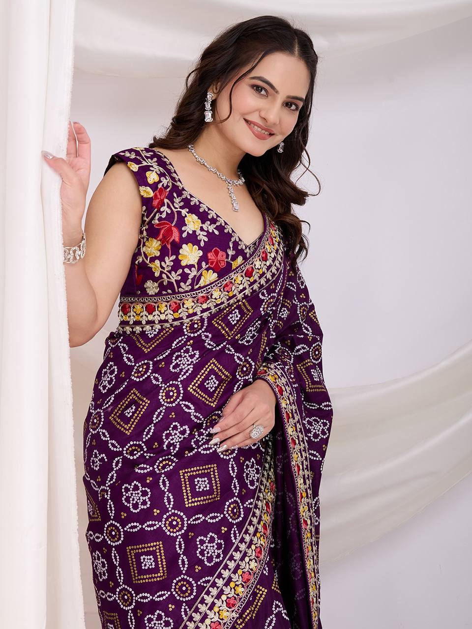 Purple Bandhni Vichitra Silk Saree Collection.