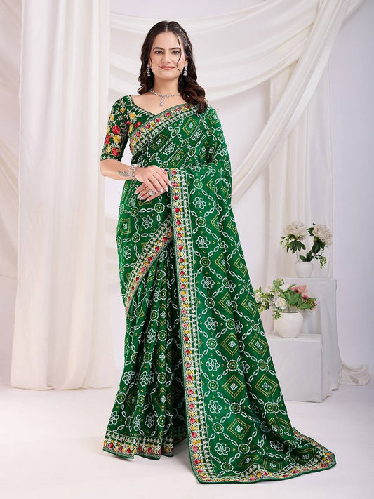 Beautiful Green Bandhani Vichitra Silk Saree Collection.