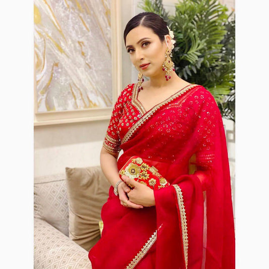 Perfect Pretty Red Premium Organza Silk Saree.