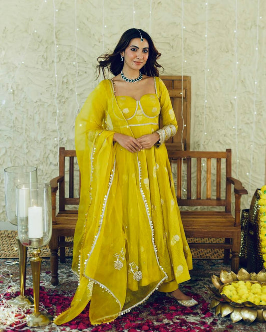 Pretty Yellow Designer Pure Chinon Silk Gown Collection.