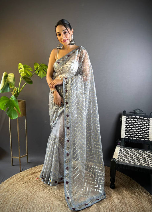 Grey Butterfly Soft Net Saree Collection.