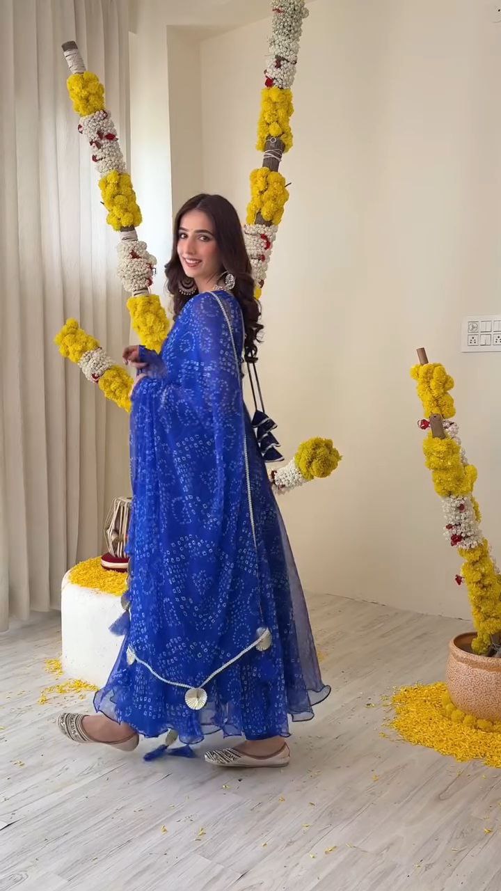 Amazing Designer Blue Bandhni Printed Anarkali Outfit.