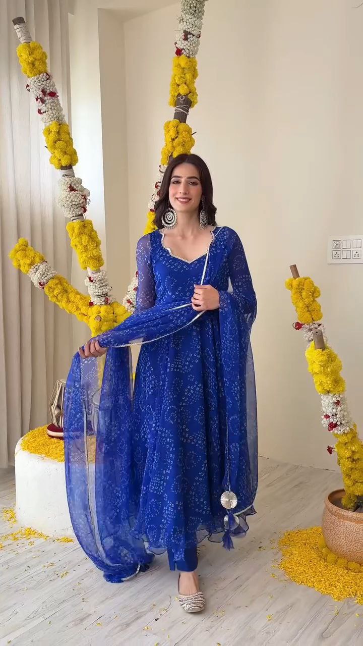 Amazing Designer Blue Bandhni Printed Anarkali Outfit.