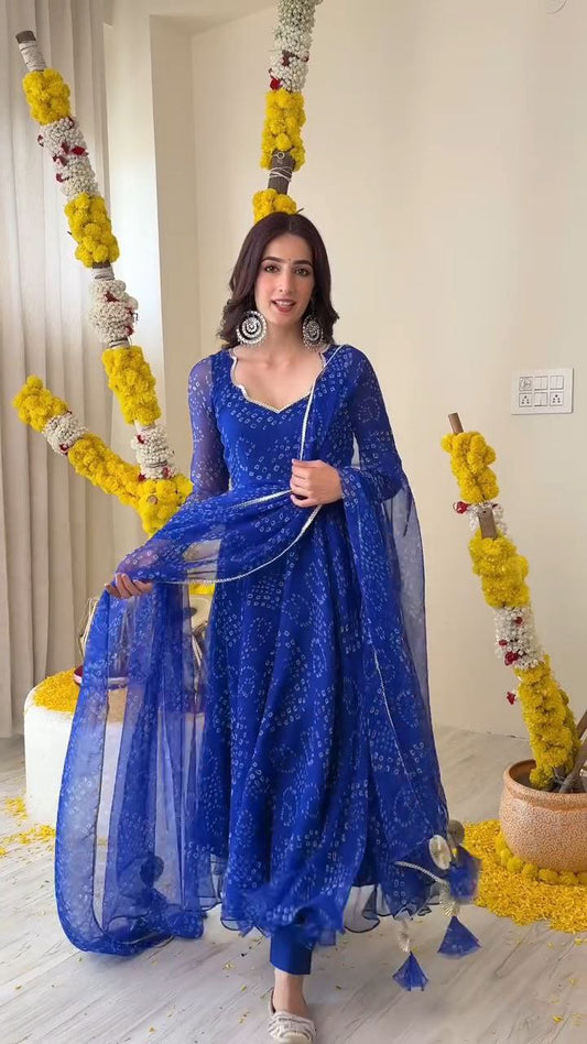Amazing Designer Blue Bandhni Printed Anarkali Outfit.
