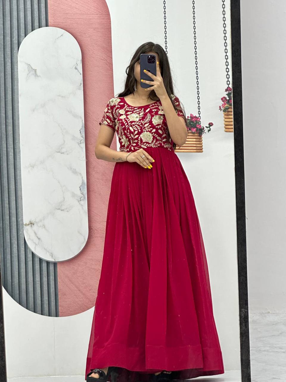 Festival special Faux Georgette Red Gown Collection.