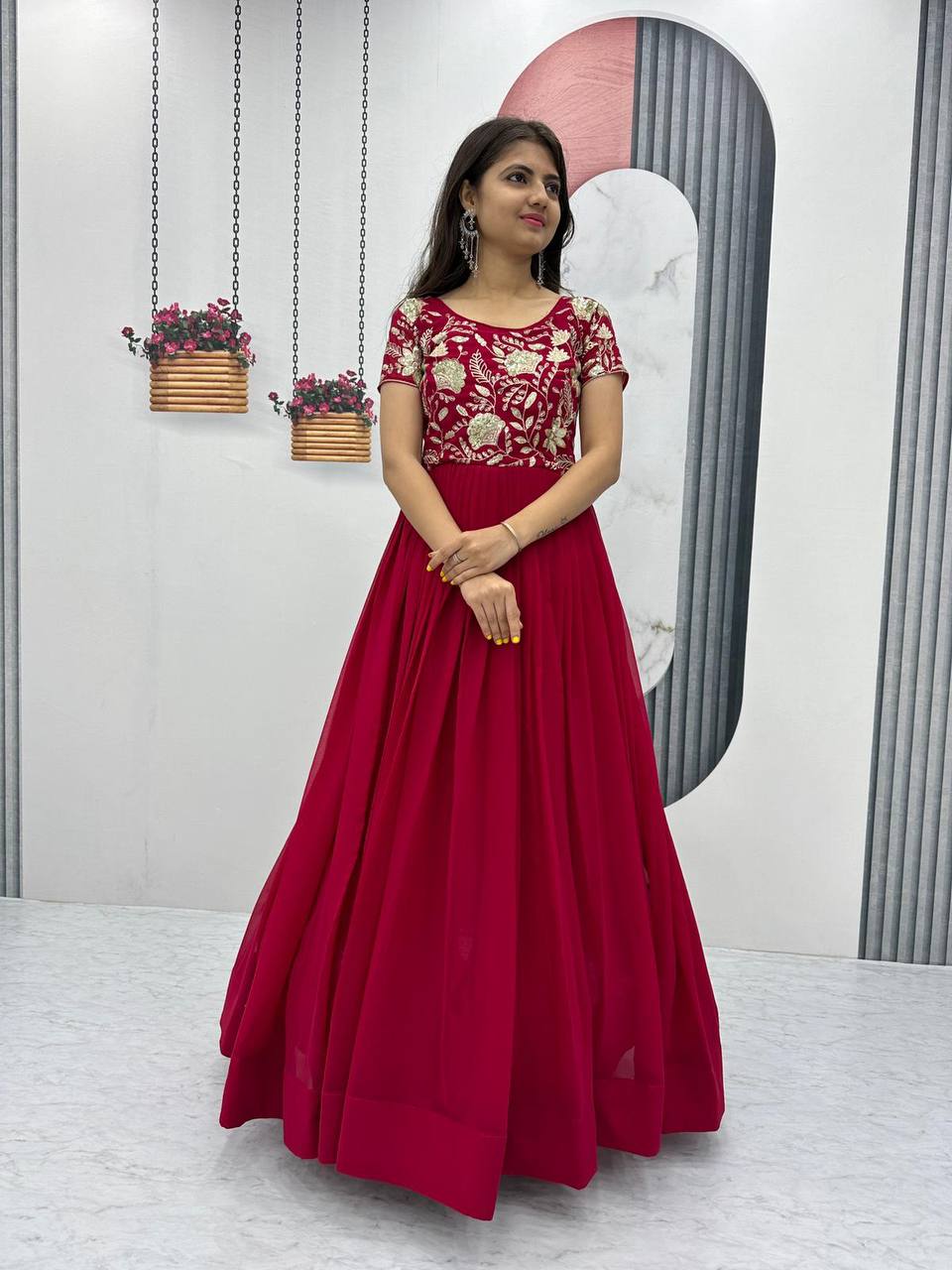 Festival special Faux Georgette Red Gown Collection.