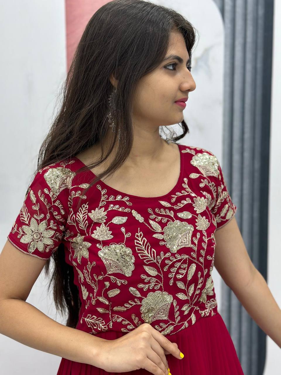 Festival special Faux Georgette Red Gown Collection.