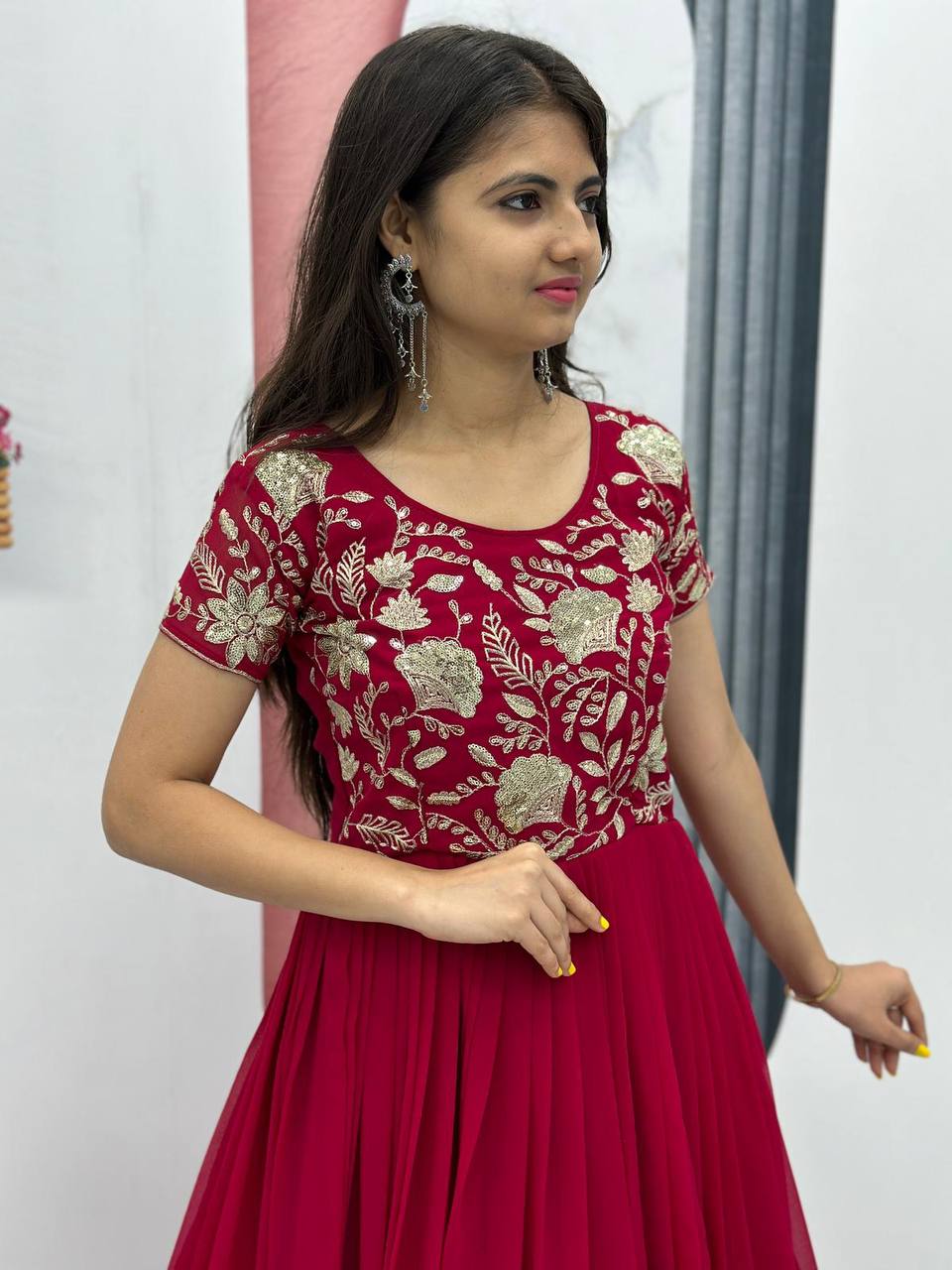 Festival special Faux Georgette Red Gown Collection.