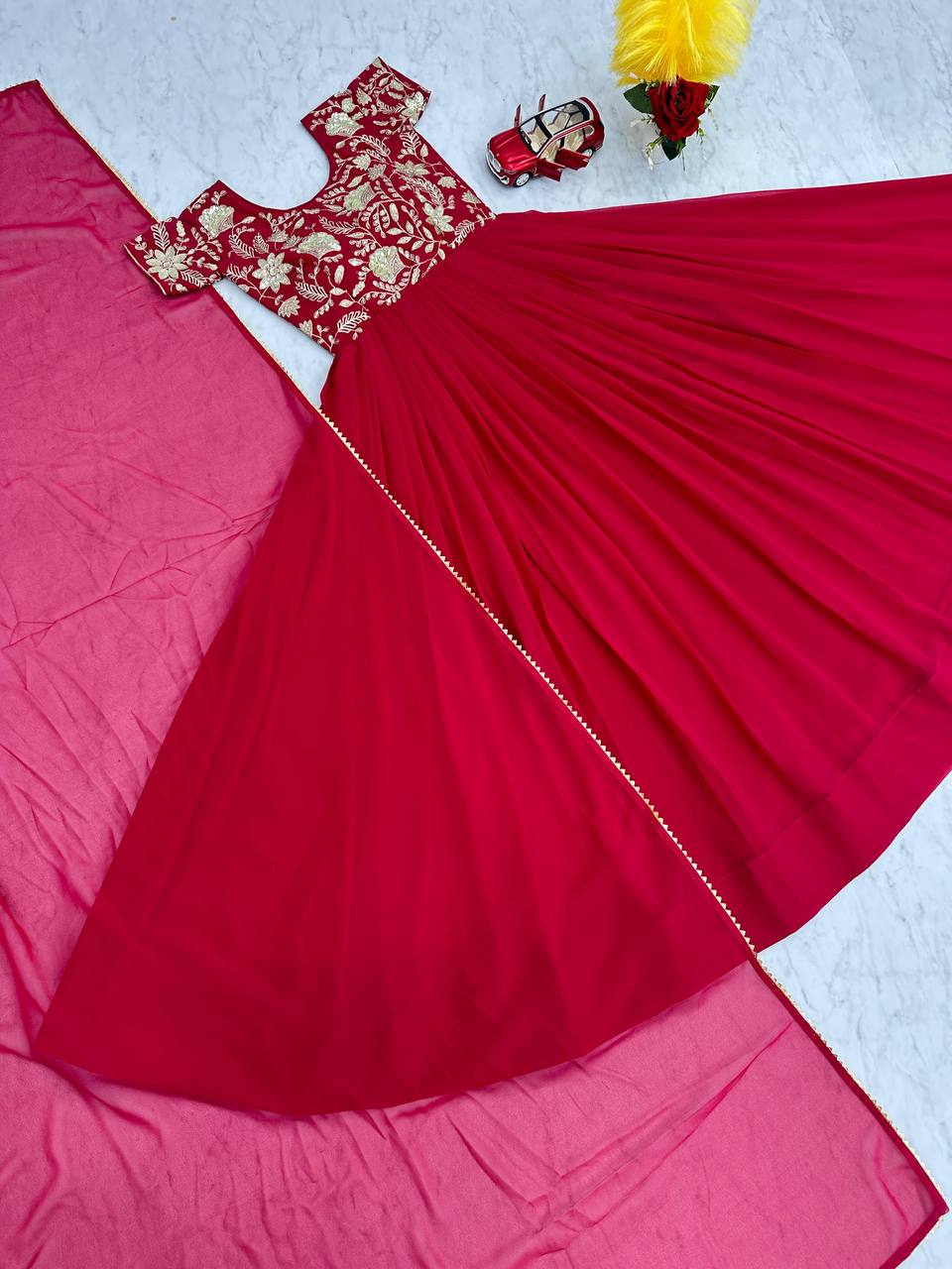 Festival special Faux Georgette Red Gown Collection.