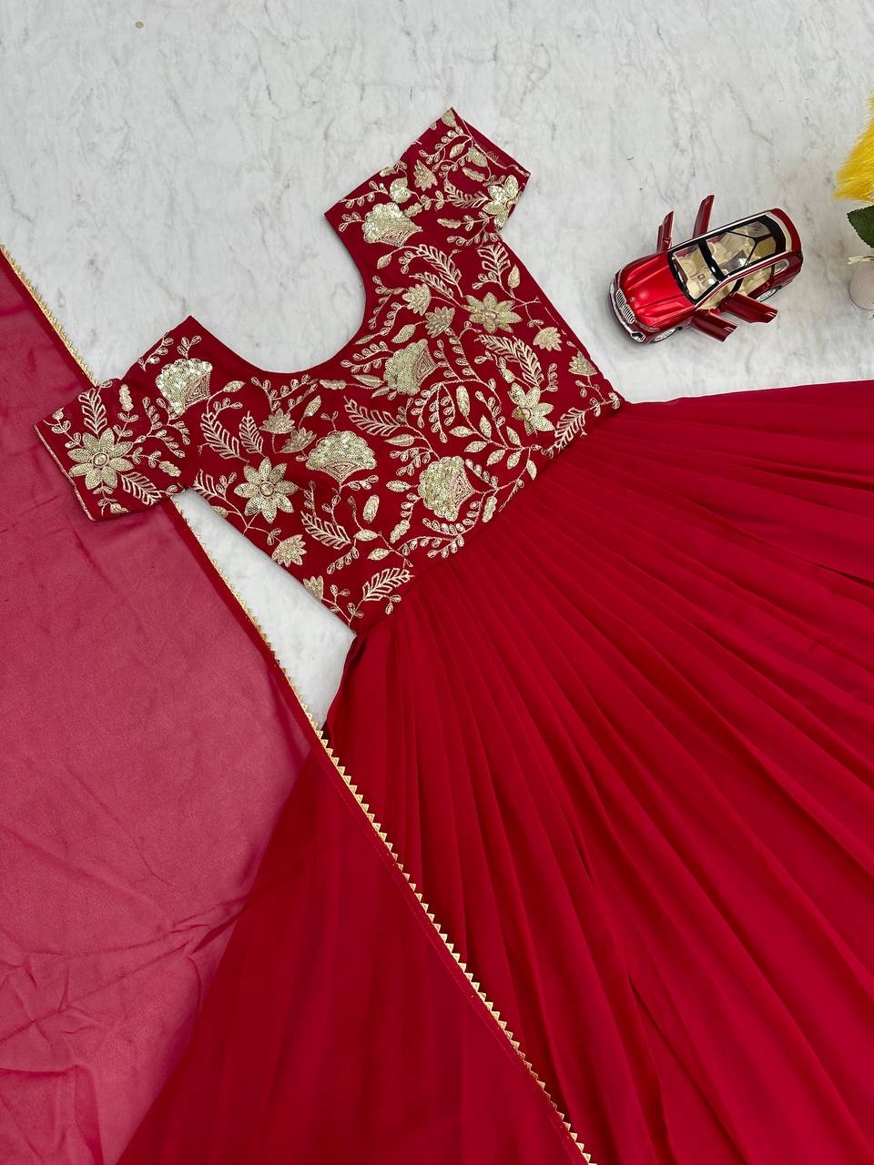Festival special Faux Georgette Red Gown Collection.