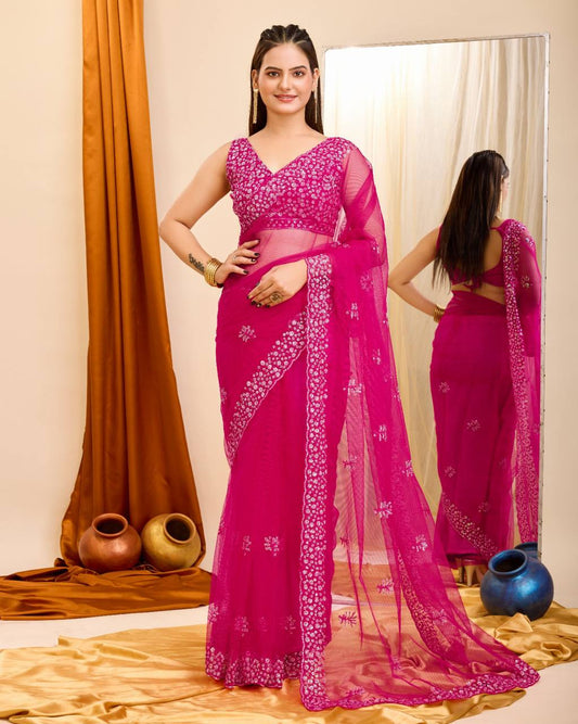 Latest Designer  Heavy Soft Net Pink Party Wear Saree.
