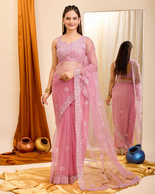 Heavy Soft Net Pink Party Wear Saree.