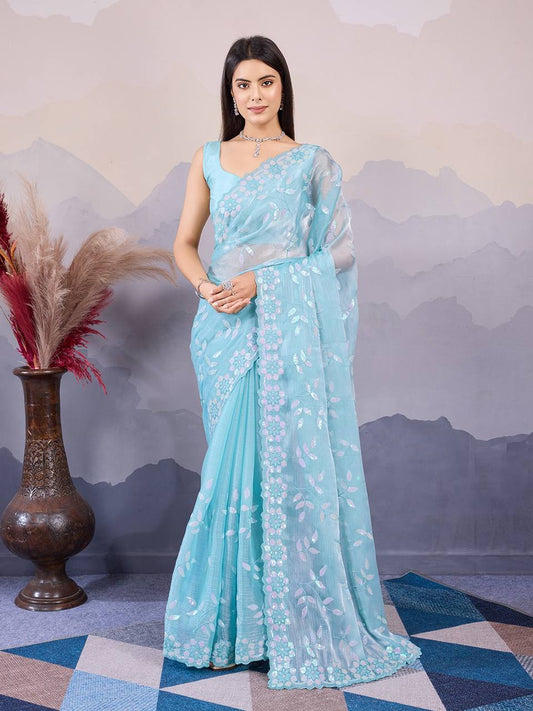 Sky Blue Pretty Burberry Silk Saree Collection.