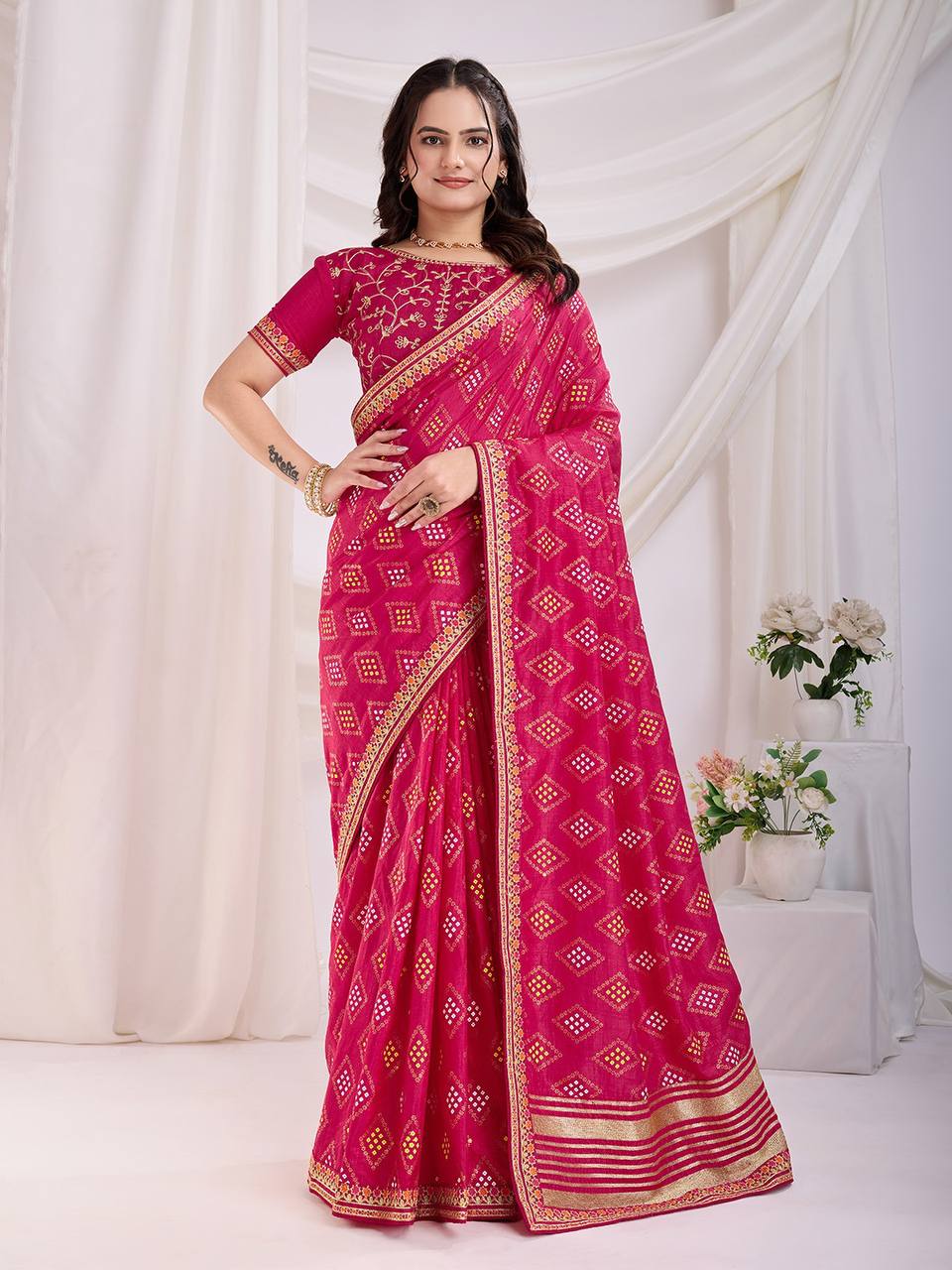 Pink Vichitra Silk Bandhej Saree Collection.