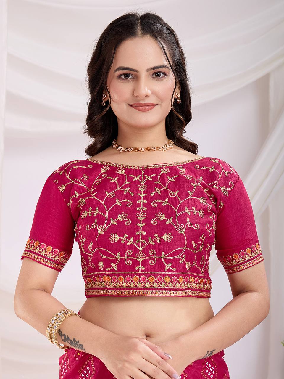 Pink Vichitra Silk Bandhej Saree Collection.