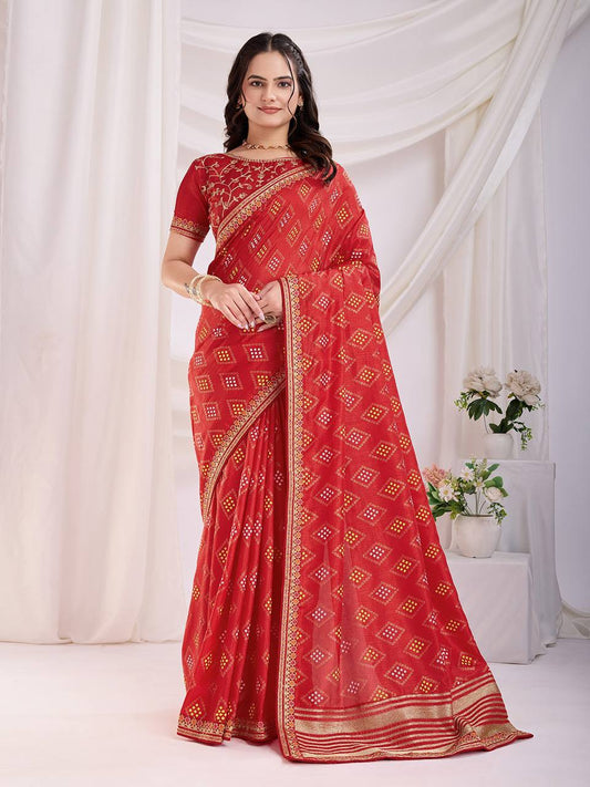 Wedding Wear Special Red Vichitra Silk Bandhani Saree.