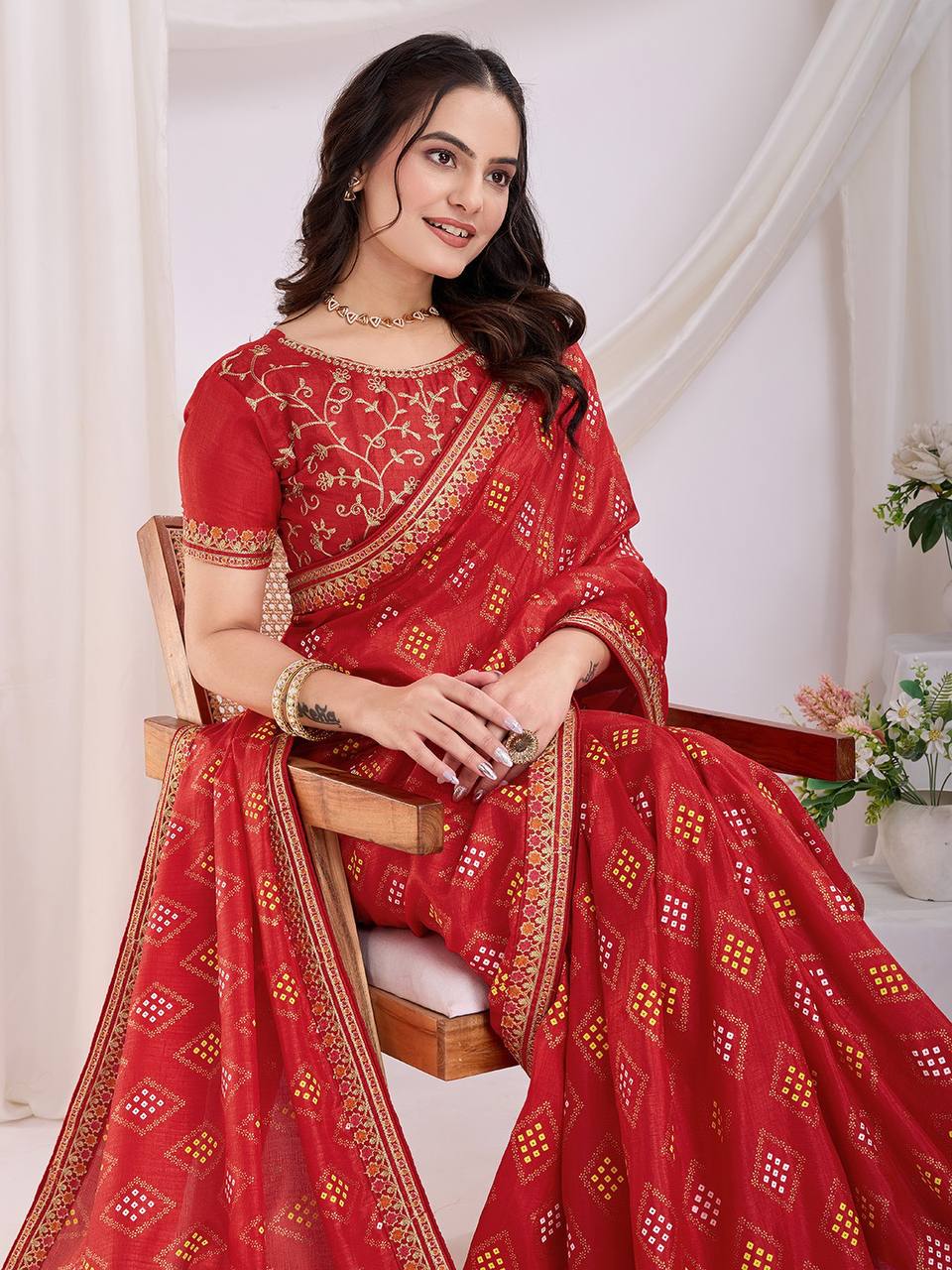 Wedding Wear Special Red Vichitra Silk Bandhani Saree.