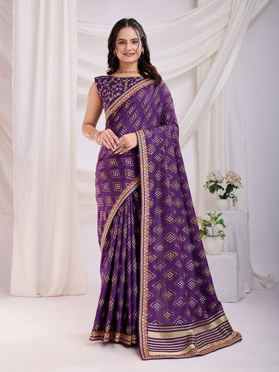 Purple Soft Vichitra Silk Saree Collection.