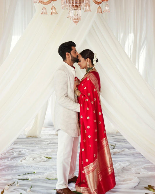 Most Trendy Wedding Special Red Banarasi Soft Silk Saree.