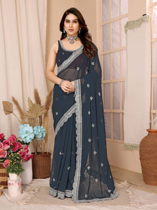 Wedding Special Premium Soft Zomato Chiffon Silk with Silver codding Sequence Embroidery Work Saree.