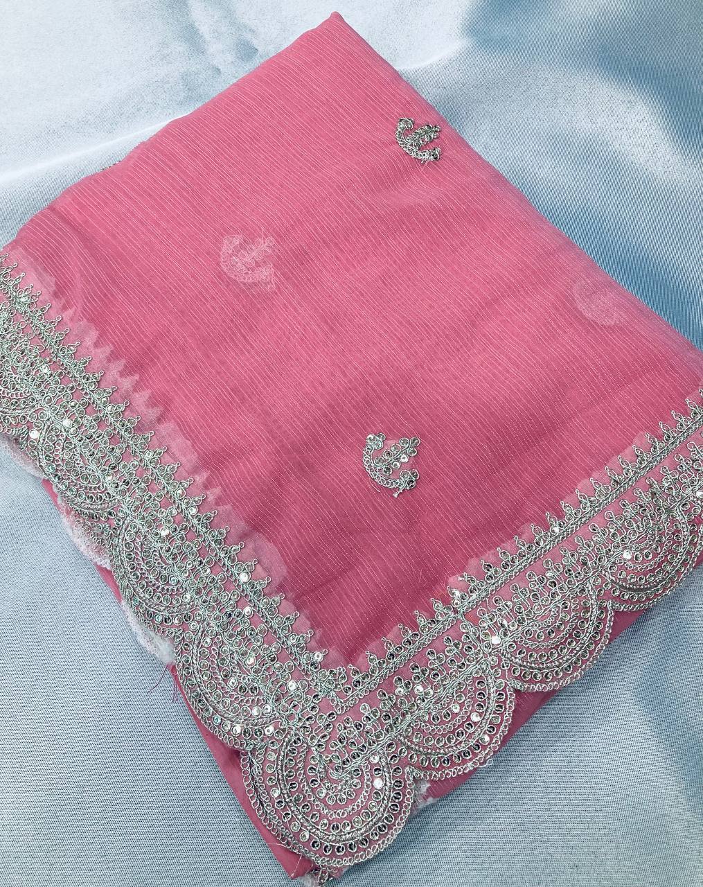 Soft Zomato Chiffon Silk With Silver codding Sequence Embroidery Work Pink Saree.