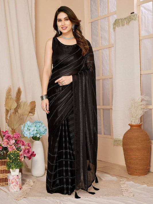 Party Wear Special Black Pre-stitched Rimzim Silk Ready To Wear Saree Collection.