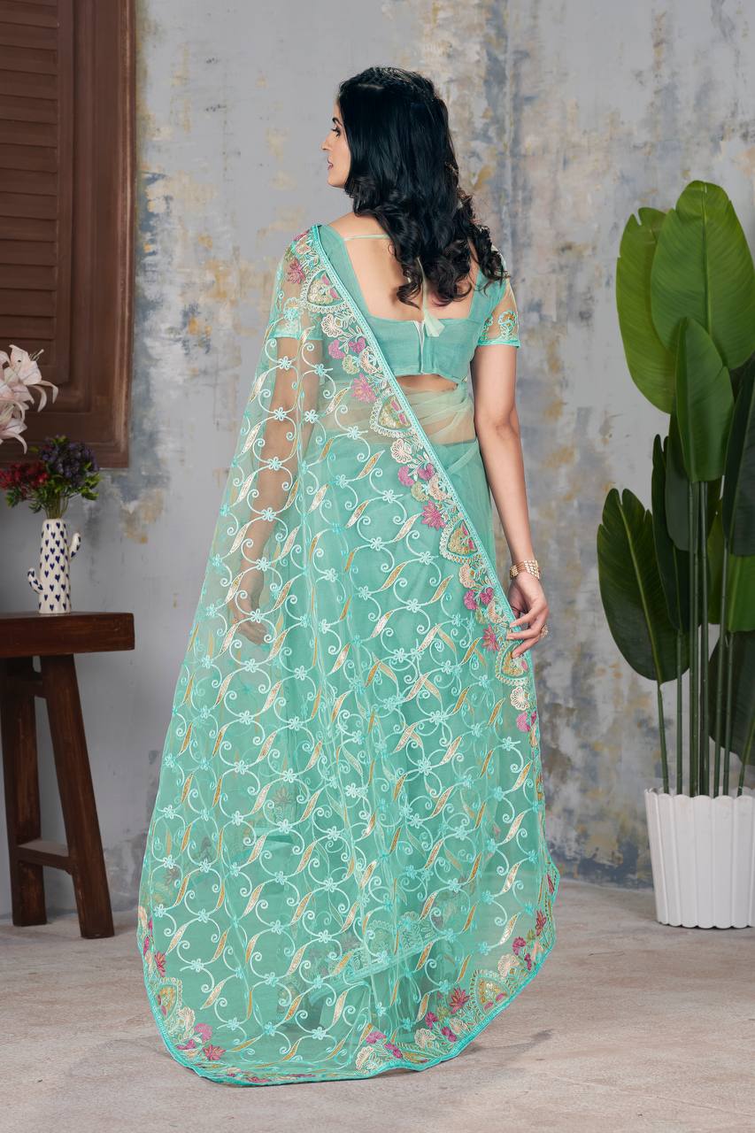 Traditional Designer Sky Butterfly Soft Net Saree Collection.