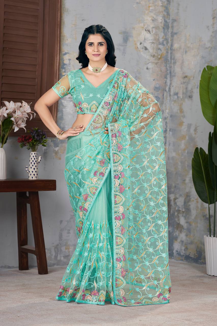 Traditional Designer Sky Butterfly Soft Net Saree Collection.