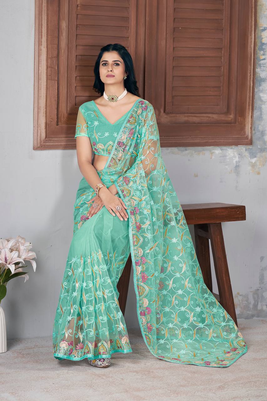 Traditional Designer Sky Butterfly Soft Net Saree Collection.