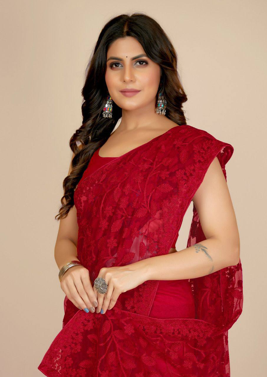 Premium Super Net With Embroidered Work Saree.