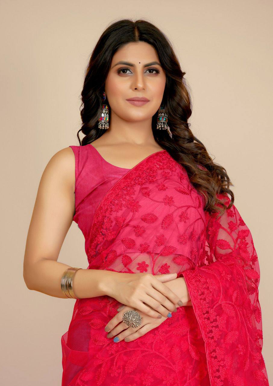 Amazing Perfact Party Wear Look Premium Super Net With Embroidered Work Saree.