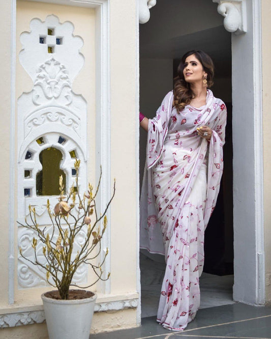 Pretty White Georgette Saree Collection.