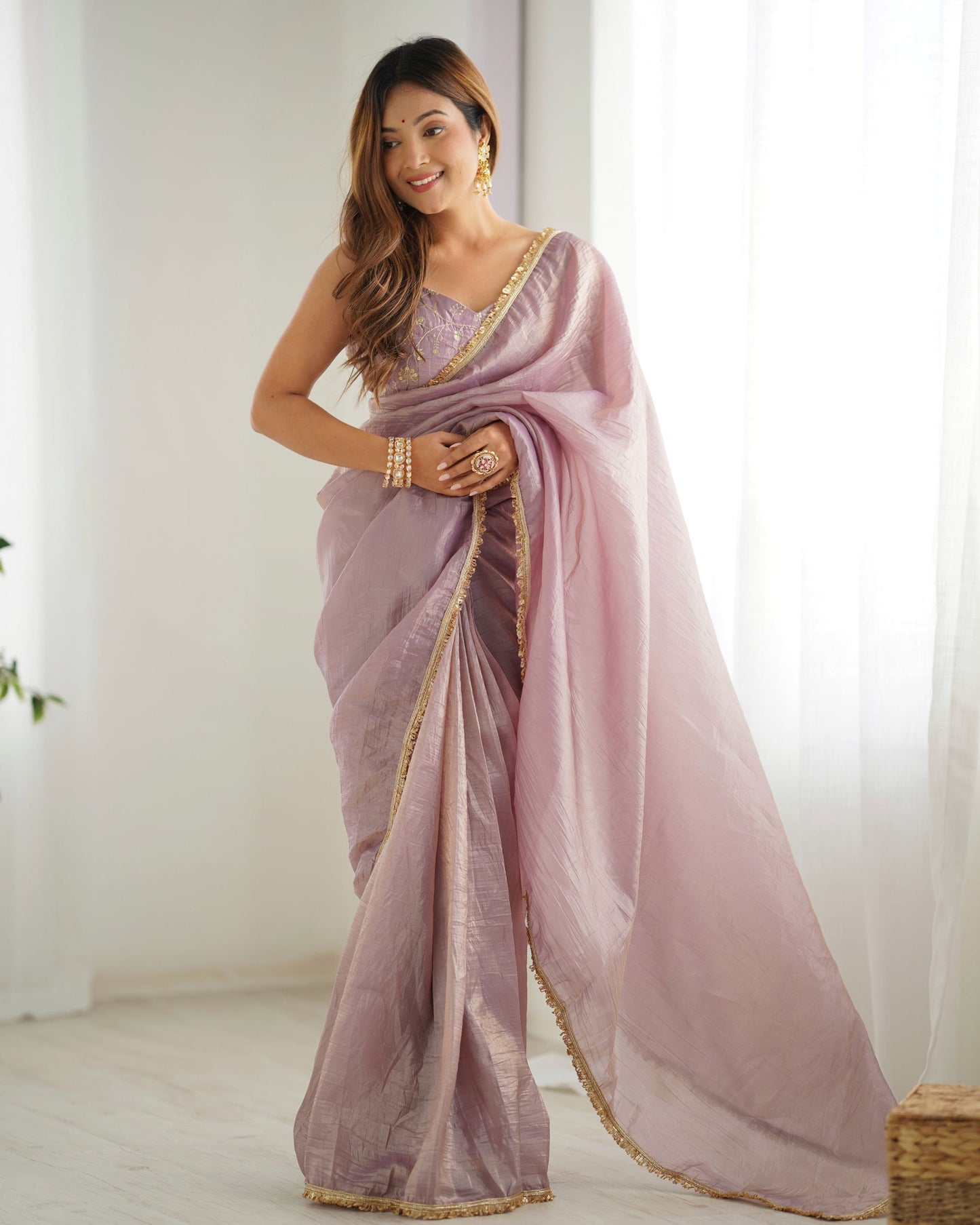 Party Wear Special Ready To Wear Premium Gold Crush Tissue Silk Light Dusty Mauve Colour Saree.