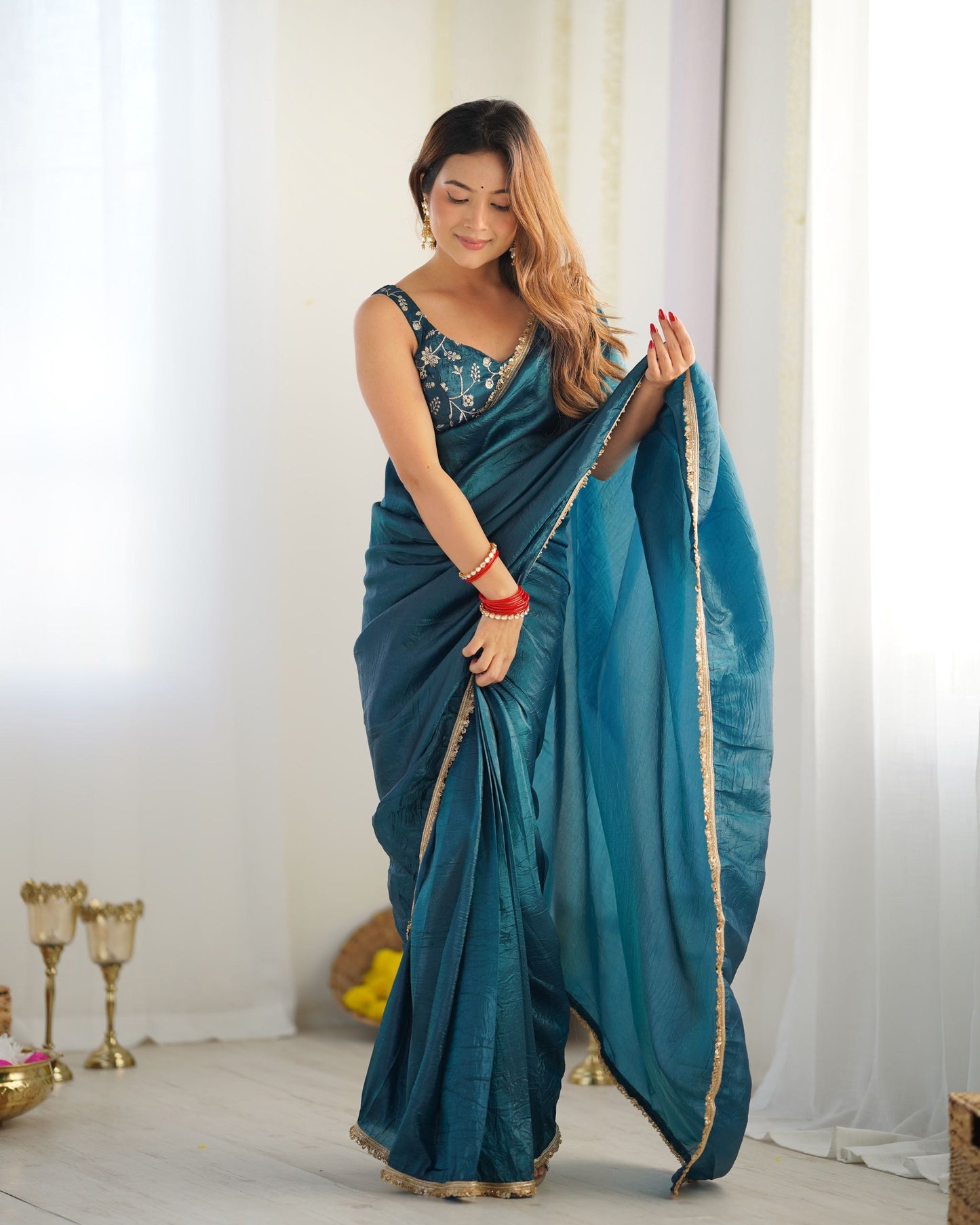 Latest Designer Predrapped Premium Gold Crush Tissue Silk Teal Blue Colour Saree.