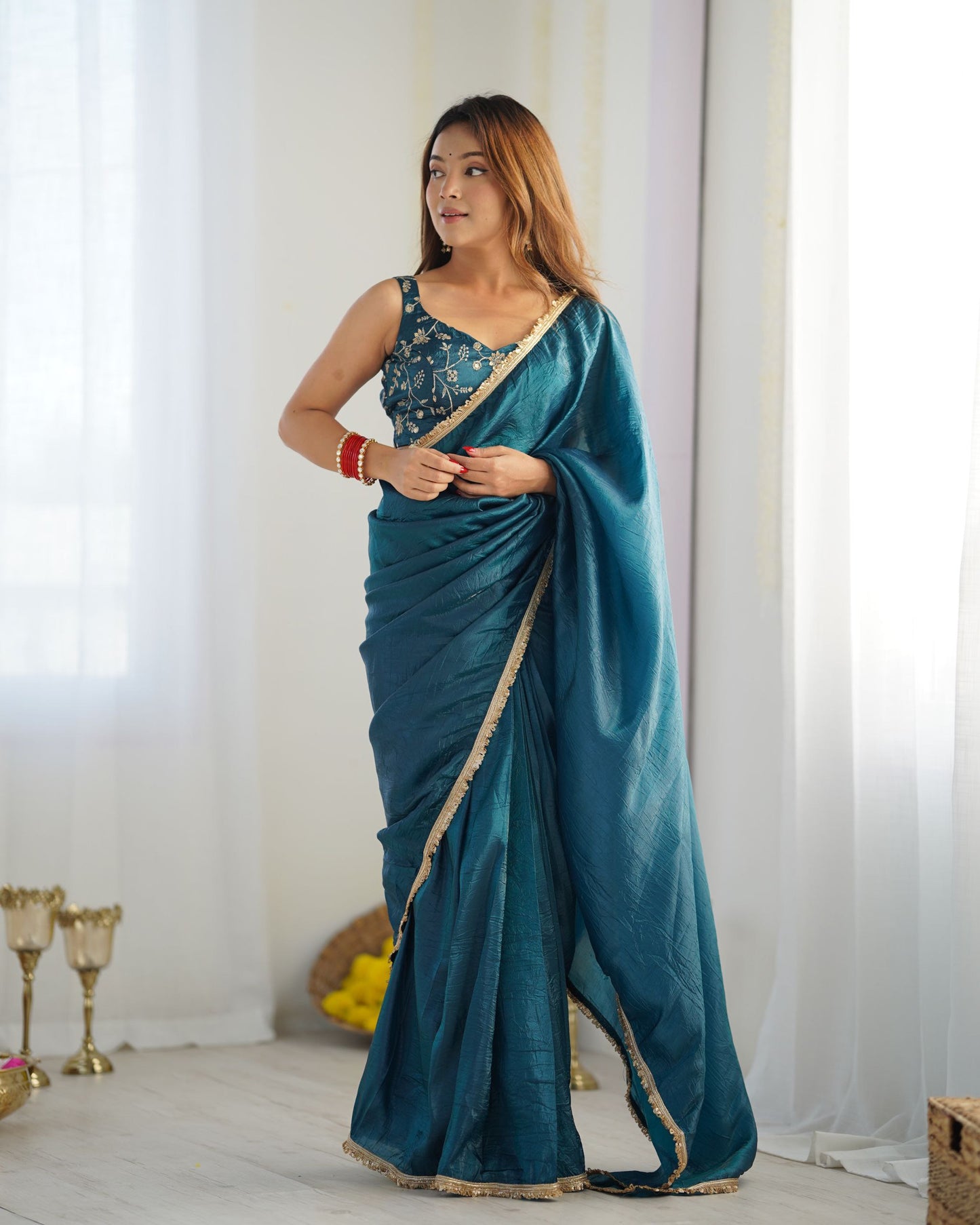 Latest Designer Predrapped Premium Gold Crush Tissue Silk Teal Blue Colour Saree.