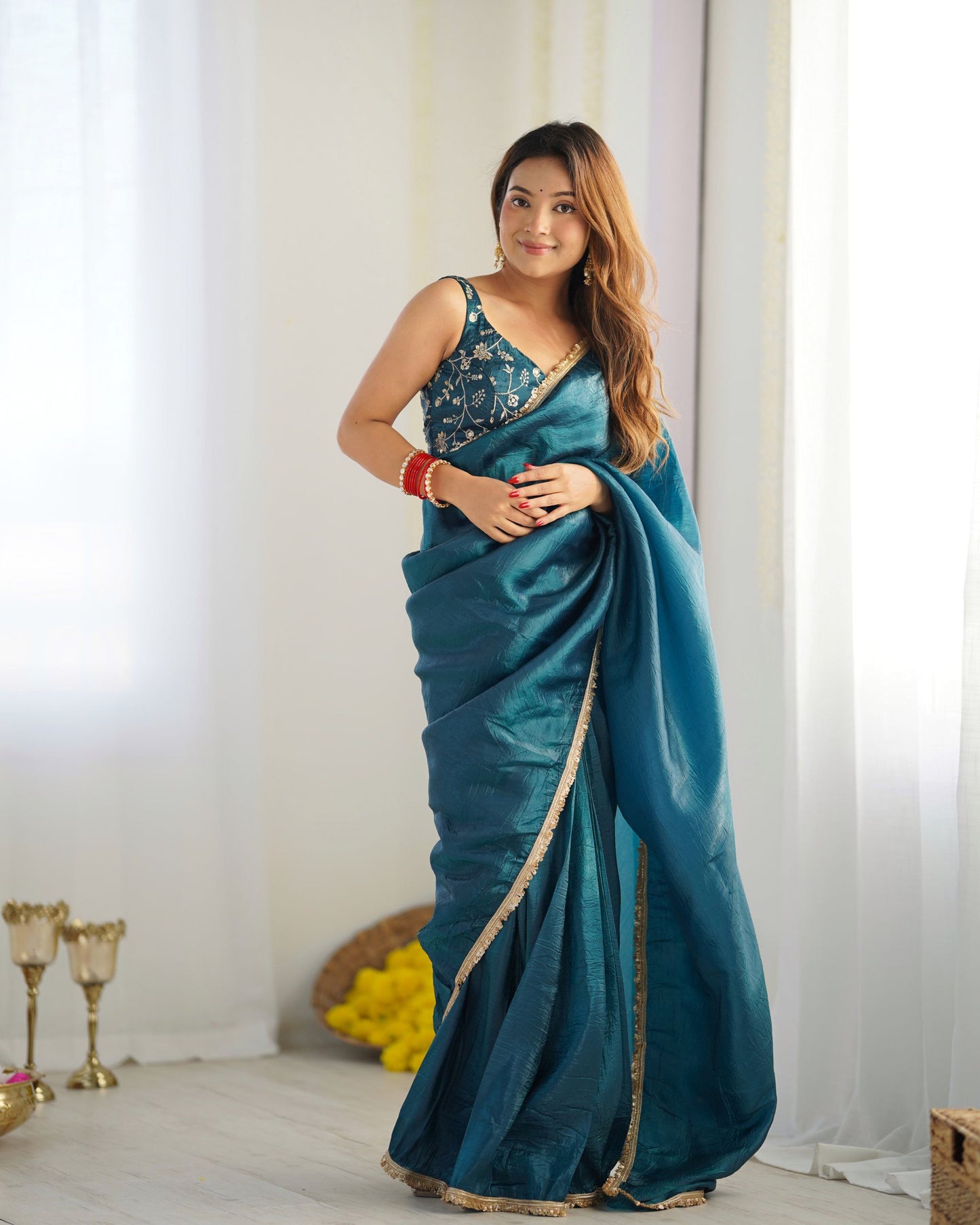 Latest Designer Predrapped Premium Gold Crush Tissue Silk Teal Blue Colour Saree.