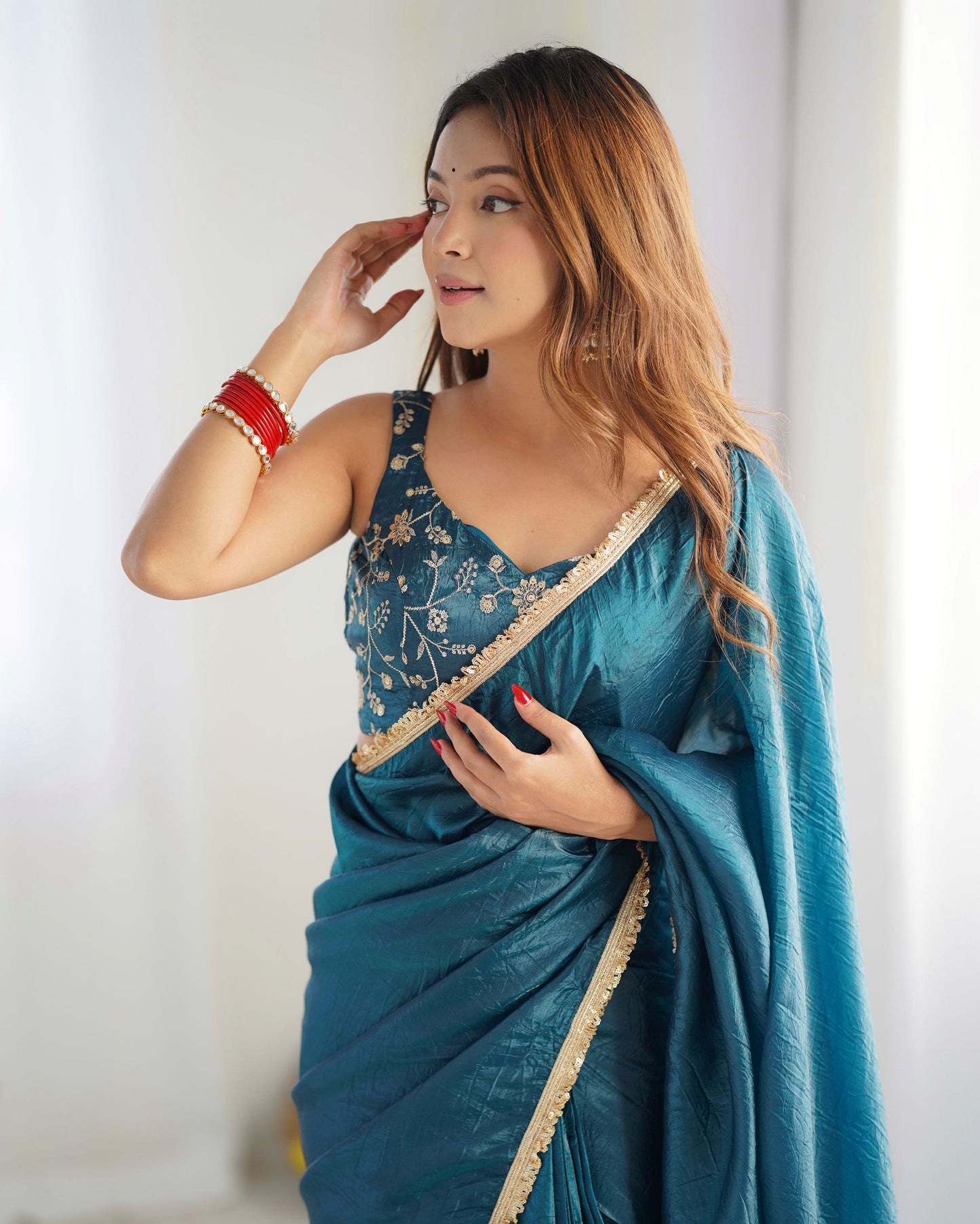 Latest Designer Predrapped Premium Gold Crush Tissue Silk Teal Blue Colour Saree.