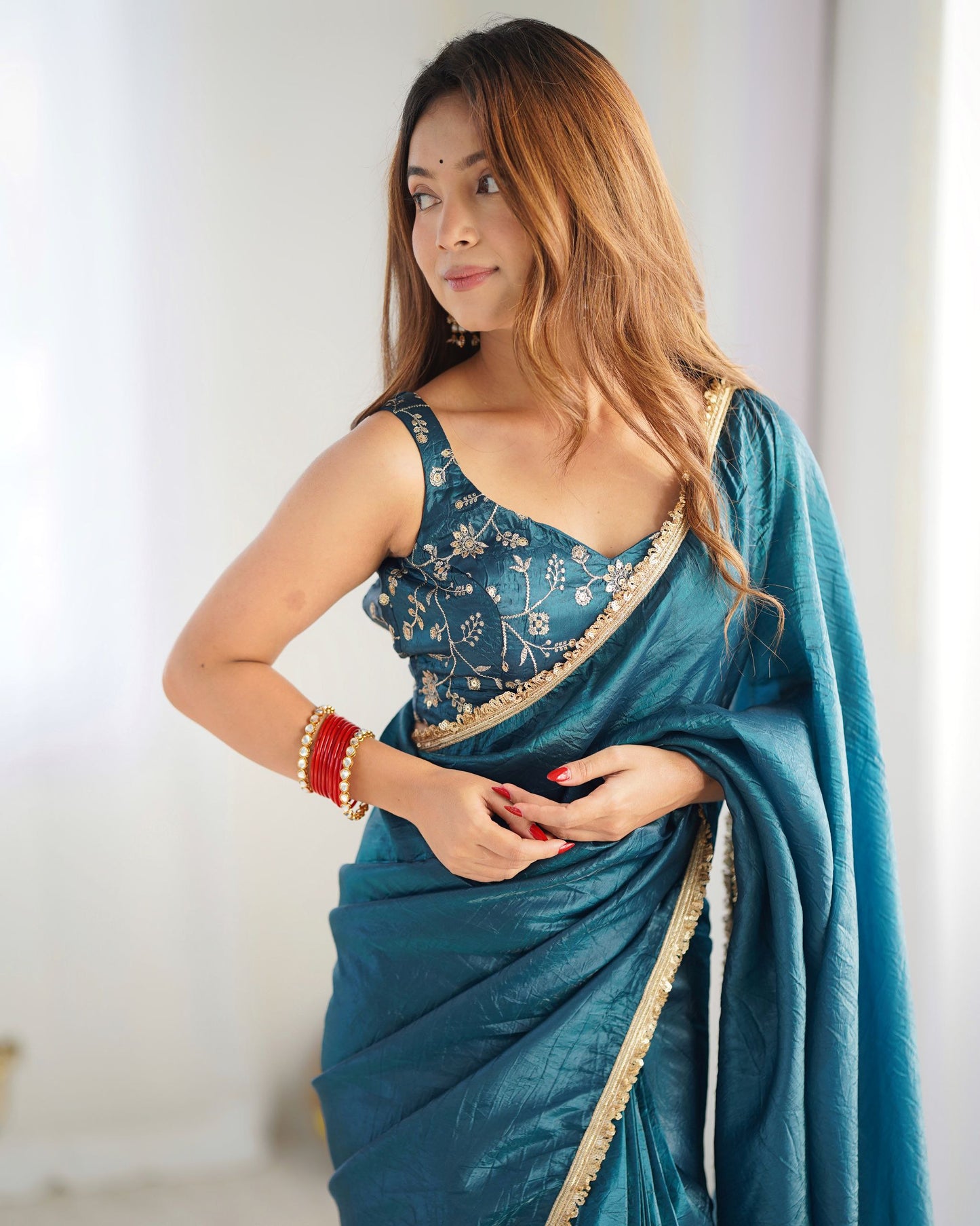 Latest Designer Predrapped Premium Gold Crush Tissue Silk Teal Blue Colour Saree.