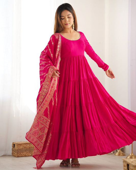 Latest Designer Wedding Wear Special Roman Silk Chanderi Pink Gown Collection.