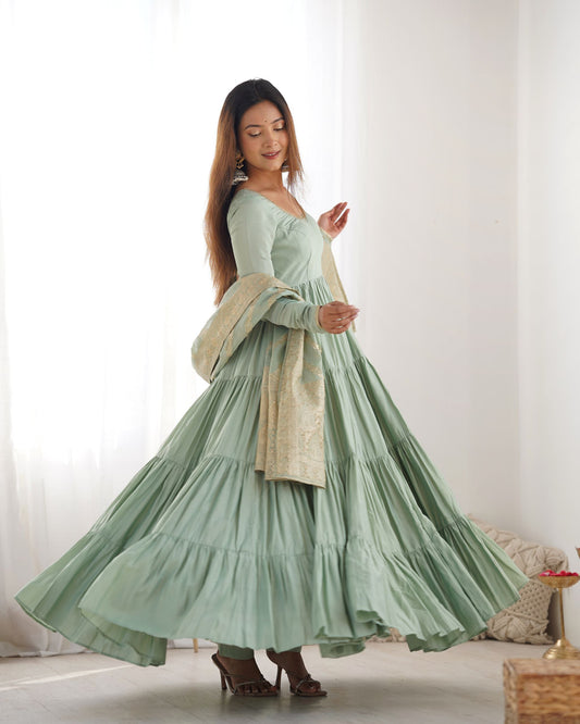 Latest Trendy Roman Silk Chanderi Pista Gown Collection.