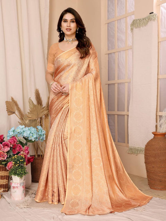 Impressive Look Party Wear Designer Kanjivaram Silk Cream Color Saree.