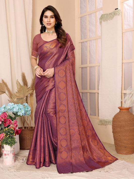 Kanjivaram Silk Beautiful Designer Wine Color Saree.