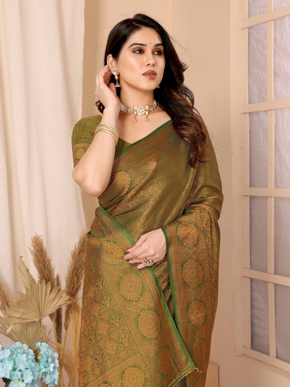 New Designer Kanjivaram Silk mahendi Color Saree.