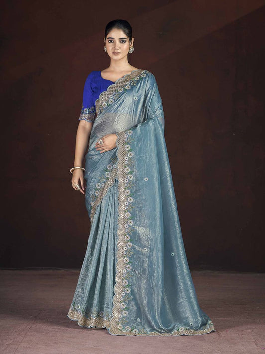 Adorable Designer Gold Crunchy Blue Saree Collection.